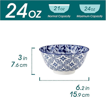 vancasso SELENE 24 oz Cereal Bowls set of 6, Ceramic Soup Bowls for Kitchen, Dishwasher & Microwave Oven Safe- for Cereal, Soup, Pasta, Salad, Blue & White Floral Design Bowl Set