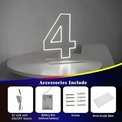 Number 4 Neon Sign for Birthday, 16.54" Cool White USB Battery Powered One Neon Sign for Party Wedding Anniversary Decor Light Sign (Number 4)