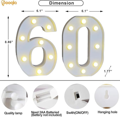 Pooqla Decorative Led Light Up Number Letters, White Plastic Marquee Number Lights Sign for 60th Birthday Party Wedding Decor Battery Operated Number (60)