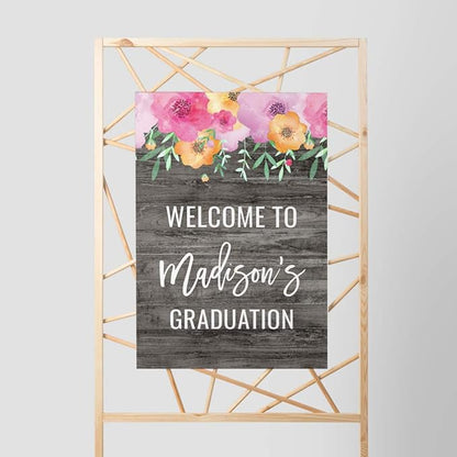 Andaz Press Personalized Extra Large Wedding Easel Board Party Sign, 12x18-inch, Pink Floral Flowers on Gray Rustic Wood, Your Text Here, 1-Pack, Custom