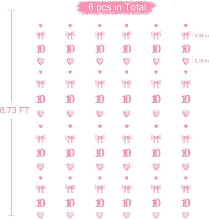 40Ft Pink 10th Bow Birthday Decorations Hot Pink Conquette Bow Heart Garland Streamer Banner for Girls Happy 10th Birthday Double Digits I'm 10 Cheers to 10 Years Old Anniversary Party Supplies