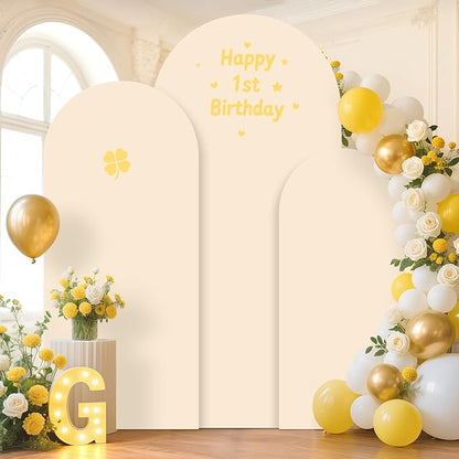 Wedding Arch Stand with Beige Spandex Fitted Arch Backdrop Cover Set 6FT 6.6FT 7.2FT Round Top Chiara Backdrop Stands and Covers for Birthday Party Baby Shower Banquet Decoration