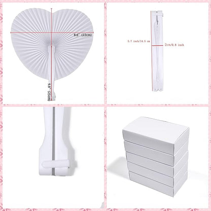 12 Pcs Decorative Paper Folding Hand Fans Handheld,White Round Heart Foldable Wedding Fans Chinese and Japanese Fans Bulk for Bridal Guest Church Party Favors Dancing Birthday DIY