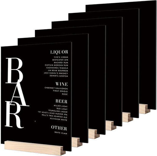 JINMURY 8x10 Inch Black Acrylic Sign with Holder- 6 Pack Blank Black Acrylic Sheets and Wood Stands, DIY Blank Signs for Wedding Party Reception (6 Pack 8 x10 Inch)