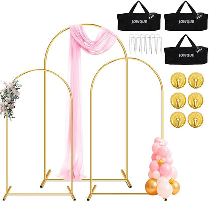 Heavy Duty Metal Arch Backdrop Stand, 7.2FT, 6.6FT, 6FT Set of 3 Gold Arch Stand with Ground Stakes and Water Bags, Balloon Arch Stand for Wedding Party Baby Shower Photo Flower Arch Decration