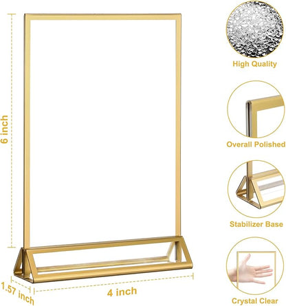 EHWINE 6 Pack Acrylic Sign Holder 4 x 6, Double Sided Gold Picture Frame Stand up Table Top Sign Holders, Clear Display Stand Menu Flyer Holder for Wedding Party