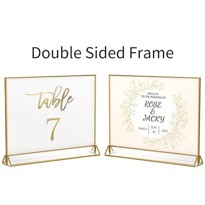NIUBEE 6Pack 7 x 5 Horizontal Clear Acrylic Sign Holder with Gold Borders, Double Sided Table Menu Stands Picture Frames for Wedding Table Numbers, Restaurant Signs, Photos and Art Display