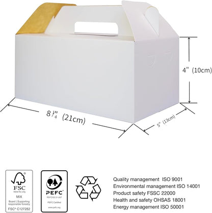 PandaPandaPPS 50 Pack White Gable Boxes (8.25"×5"×4") for Foods, Gifts and Party Favors, Goodie Gift Boxes Treat Boxes for Birthday Party, Wedding, Baby Shower