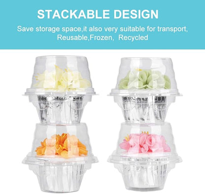 150 Pcs Cupcake Boxes Plastic Individual Cupcake Containers Single Cupcake Carrier with Connected Airtight Dome Lid for Party