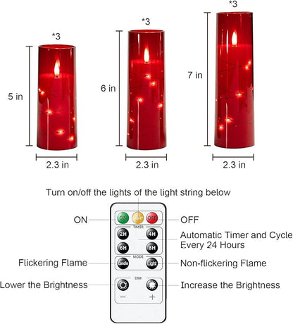 Raycare Flameless Candle with Remote Timer – 9 Flickering Acrylic Battery Operated LED Pillar Candles with Embedded Star String for Halloween, Home Decor, and as a Gift (Red)