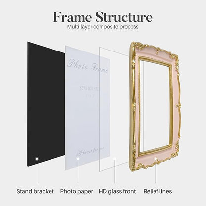 Cuspin Vintage Pink 5x7 Picture Frame, Pink and Gold 5 by 7 Antique Photo Frames, Ornate Textured Hand-Crafted Resin Frame with Glass Front for Tabletop Display, Retro Design Home Decor