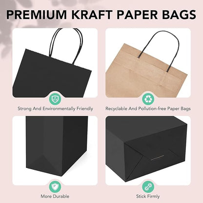 METRONIC Kraft Paper Gift Bags with Handles 8x4.75x10.5 Inch 600 Pcs | Christmas, Birthday Party Favors, Retail Shopping, Small Business Bulk | Black Gift Wrap Bag