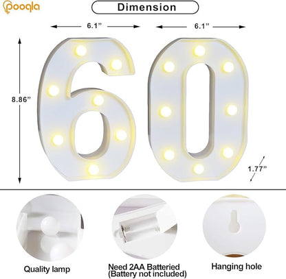 Pooqla 60th Birthday Decoration for Woman Man, Decorative LED Light Up Numbers, Marquee Numbers 60 Sign for Party Backdrop 60th Wedding Anniversary Decor, Warm White and Cool White Number 60