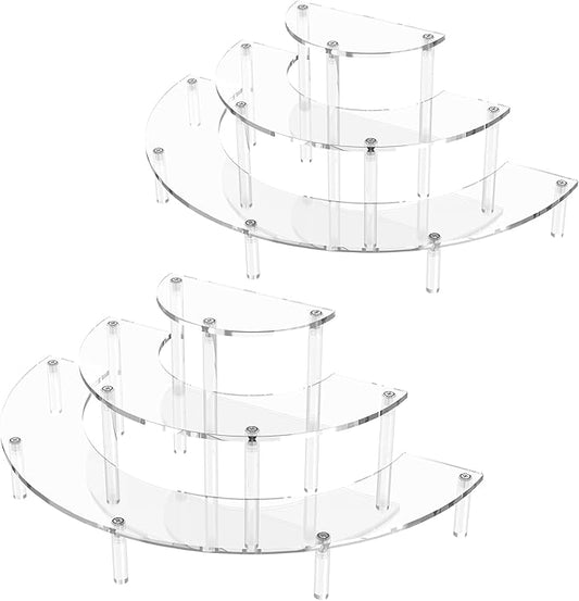 3 Tier Acrylic Display Risers 2 Pack, Half Moon Cupcake Stand, Clear Perfume Organizer, Dessert Stand for Display, Clear Display Stand for Food, Cupcake, Perfume, Collections