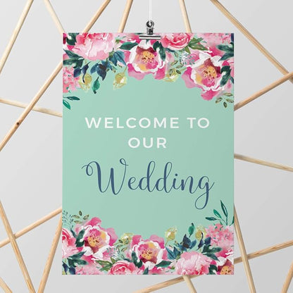 Andaz Press Extra Large Wedding Easel Board Party Sign, 12x18-inch, Tea Party Pink Peonies on Mint Green, Welcome to Our Wedding, 1-Pack
