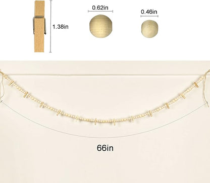 Hanging Photo Display With 12 Clips, Wooden Bead Garland 2PCS, Boho Style Collage Photo Frame Decoration for Dorms, Classrooms, Bedrooms