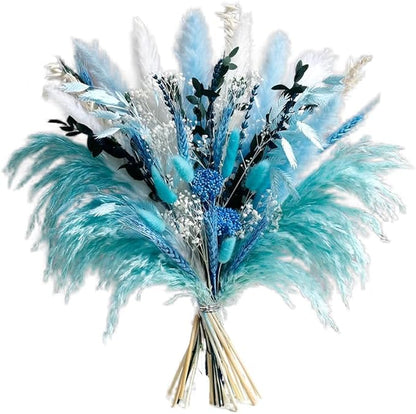 Blue Dried Flowers Bouquet with Pampas Grass - Boho Home Decor and DIY Floral Arrangements for Bedroom, Office, and Wedding Centerpieces
