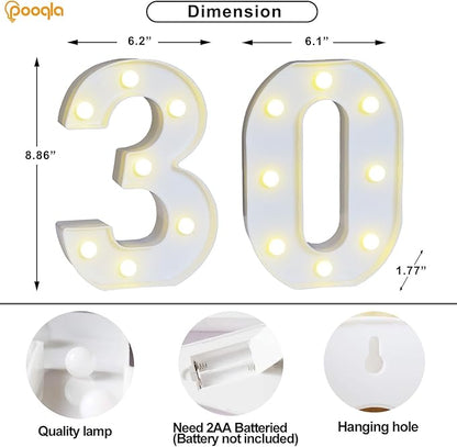 Pooqla 30th Birthday Decoration for Her Him, Decorative LED Light Up Numbers, Marquee Numbers 30 Sign for Party Backdrop 30th Wedding Anniversary Decor, Warm White and Cool White Number 30
