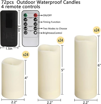 pliadvbu Flameless LED Candles 72 Pack, Outdoor Realistic Waterproof Votive Candles with 4 Remote Control and Timer for Halloween Wedding Festival Decor, (H 4" 5" 6" x D 2.2")
