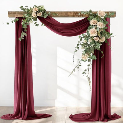Burgundy Red Fall Thankgiving Elegant Arch Draping Fabric 2 Panels Outdoor 29" × 20Ft Sheer Chiffon Curtain Drapes for Wedding Ceremony Birthday Party Garden Brunch