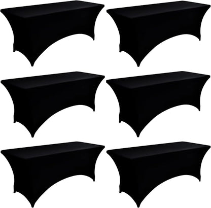 6-Pack 8ft Black Spandex Table Covers for Rectangle Folding Tables - Washable Elastic Tablecloth - Ultimate Fitted Table Protector for Birthday Parties, Trade Shows, Banquet