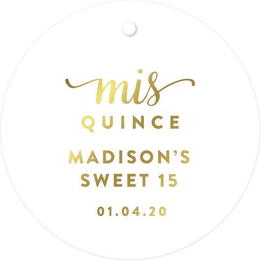 Andaz Press Personalized Round Circle Birthday Gift Tags, Metallic Gold Ink, Sweet 15 Birthday, Mis Quince Quinceanera, 24-Pack, Custom Made Name, Gold Party Supplies