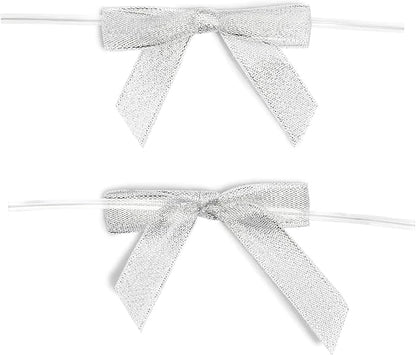 Bright Creations Mini Silver Ribbon Bows - 3-Inch, Silver, 100 Count, Polyester Satin - Twist Tie Bows for Treat Bags, Party Favors & Crafts