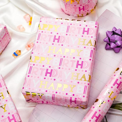Yarcony Girl Birthday Wrapping Paper, Pink and Gold Wrapping Paper, Gold Foil Girly Happy Birthday Lettering Design Pink Gift Wrap for Girls Women, Baby Shower, Party (Mini Roll, 17 Inch X 16.5 Feet)