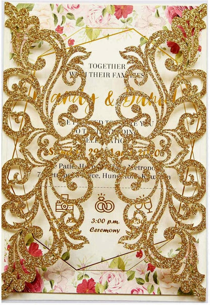 25PCS Gold Glitter Laser Cut Wedding Invitations Cards with Envelopes,Blank Inner Sheets,Ribbons for Wedding Bridal Shower Quinceañera Engagement Birthday Invites