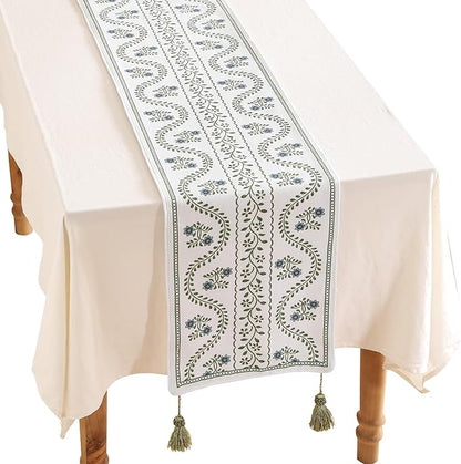 ISAENNE Designer White Elegant Linen Table Runner 87 Inches Long,Chinoiserie Floral Decor Durable Table Runners for Dining Tables,Thanksgiving,Kitchen Tables,Christmas,12"*87"-Mosella D