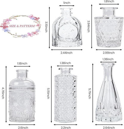 Clear Glass Bud Vases Set of 5, Mini Flower Vase for Centerpieces, Small Clear Vases in Bulk for Wedding Decorations, Vintage Vase for Table, Recepetion, Home Décor