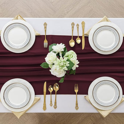 2 Pack 10 Ft Chiffon Table Runner Burgundy Gauze Long Table Runners 27x120 Inches Sheer Tulle Table Runner for Rustic Wedding Reception Bridal Shower Decorations Birthday Party