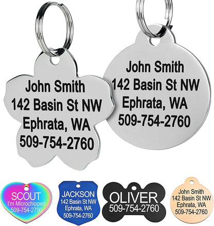 GoTags Stainless Steel Pet ID Tags, Personalized Dog Tags and Cat Tags, up to 8 Lines of Custom Text, Engraved on Both Sides, in Bone, Round, Heart, Bowtie and More (Flower, Regular (Pack of 1))