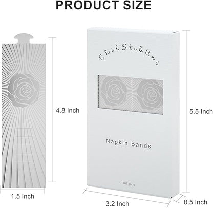Polymer Material Reusable Napkin Band, Glue-Free Tear-Proof Water Resistant Oil-Proof Napkin Bands Set of 100(Front Silver Rose and Back Silver Color), 6 Adjustable Sizes Napkin Rings