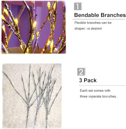 Autohigh 3-PK Lighted Branches 60 LEDs Warm White Lighting Artificial Willow,Battery Operated,Silver Decoration for Living Room Bedroom Livingroom,Home