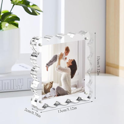 Clear Picture Frames 3Pack - Acrylic Magnetic Photo Frame 4×4 Inch, Double Sided Magnet Frames with Scalloped Edges, 10+10mm Thick Freestanding Gift for Office/Home(Clear, 4x4)