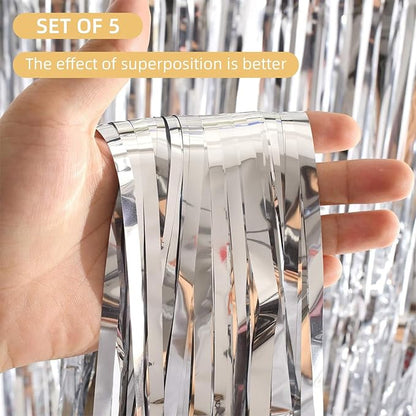 5 Pack Silver Foil Curtain Backdrop 3.2ft x 9.8ft Metallic Tinsel Foil Fringe Curtains Streamer Photo Booth Backdrop for Birthday Party Engagement Bachelorette Party Decorations (Silver)