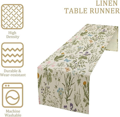 Floral Botanical Table Runner, Garden Spring Flower Botanical Butterfly Animal for Restaurant, Kitchen, Wedding, Party Rectangular Table Runner Decoration,13in（33cm） W * 108in（274cm） L