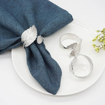 Silver Leaf Napkin Rings Set of 6, Leaves Napkin Rings for Table Setting, Metal Leaf Napkin Holder Rings for Holiday Party, Wedding, Banquet, Formal or Casual Dinning Table Decor (Silver)