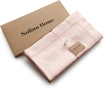 Solino Home Linen Tablecloth 60 x 144 Inch - Classic Hemstitch 100% Pure Linen Pink Table Cloth for Rectangle Tables - Machine Washable Tablecloth for Halloween