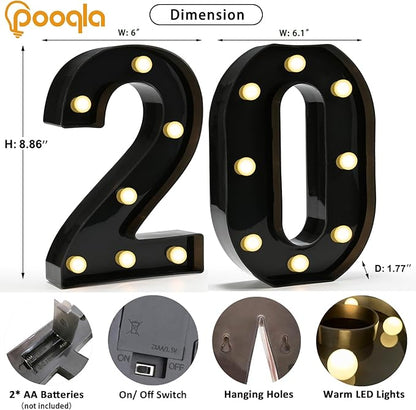 Pooqla Light Up Numbers, Decorative Marquee Number Light Sign for 20th Birthday Party Decor, LED Battery Powered Lighted Sign for Party, Lighted Number 20 for Wall Home Anniversary Decoration