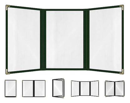 Goodsmart Restaurant Menu Covers – 25 Pack Green 6-View Trifold 5.5" x 8.5", Side-Loading Vinyl & Plastic Menu Holders, Clear Menu Sleeves, Leather-Style Café Covers with Gold Corners