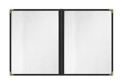 Goodsmart Restaurant Menu Covers - 25 Pack Black 8.5" x 11", 2-Page/4-View, Side-Loading Vinyl Menu Holders, Clear Sleeves, Double-Stitched Edge, Leather-Style Café Covers with Gold Corners