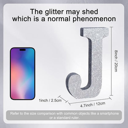 TONIFUL 8 Inch Silver Glitter Letter J Table Centerpiece A-Z Silver Birthday Party Decorations,Silver Alphabet J for Birthday,Chrismas,Graduation,Bridal Shower,Wedding,Anniversary Party Supplies