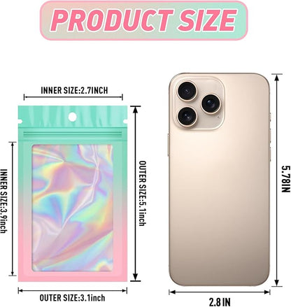 Funfery 100 Pack Gradient Holographic Bags,Mylar Resealable Bag with Zipper,Clear Window Packaging Pouch,Smell Proof Bags for Food Storage,Sample Jewelry Baggies(3.1x5.1In,Green Pink)