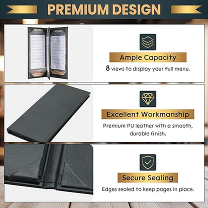 12 Pack 4 View Menu Holder Menu Covers 4.25" x 11" | Black Leather Menu Sleeves Book Style for Restaurant Coffee Bars Wine List