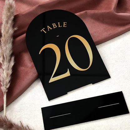 UNIQOOO Black Arch Wedding Table Numbers with Stands 1-30, Gold Foil Printed 5x7 Double Sided Acrylic Signs and Holders, Perfect for Centerpiece, Reception, Decoration, Party, Anniversary, Event