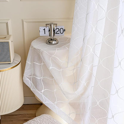 MYSTIC-HOME Embroidery White Sheer Curtains 84 Inches Long, Rod Pocket Sheer Drapes for Living Room, Bedroom, 2 Panels, 52"x84", Semi Crinkle Voile Window Treatments for Yard, Patio, Villa, Parlor.
