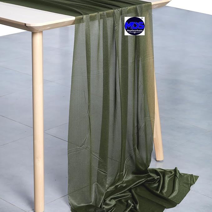 MDS 15 Pack 10ft Chiffon Table Runner 29 x 120 Inches Sheer Wedding Runner Romantic Rustic Table Runner for Wedding Decorations, Birthday Parties, Bridal Shower Party Arch Decor - Olive Green