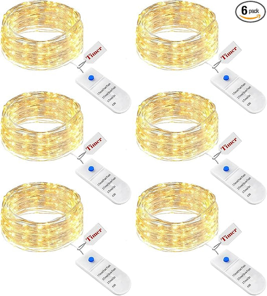 btfarm 6 Pack Fairy Lights Battery Operated with Timer, 2M 20 LED Mini String Lights Waterproof, 3 Modes Silver Wire Small Fairy Light for Jars Bottle Vases Christmas Table Decoration, Warm White